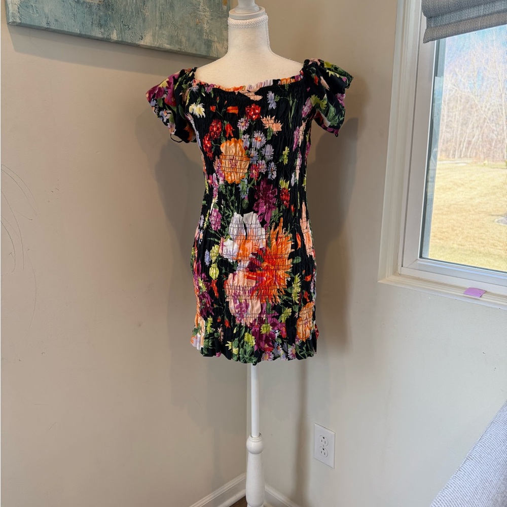H&M Black Floral Midi Dress with Orange, Pink and Green Flowers Size medium